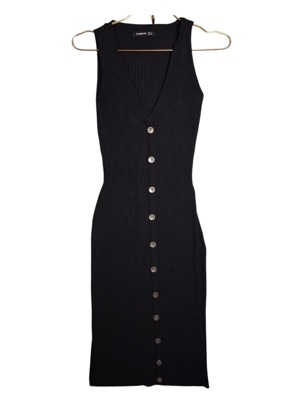 PATTYBOUTIK Black Ribbed Knit Button Front V Neck Sleeveless Midi Dress Small S